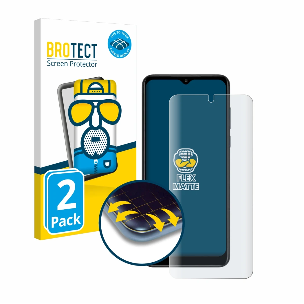 Front side of a product packaging with the brand logo BROTECT. Next to it is the device ZTE Blade V50 Design 5G shown with the