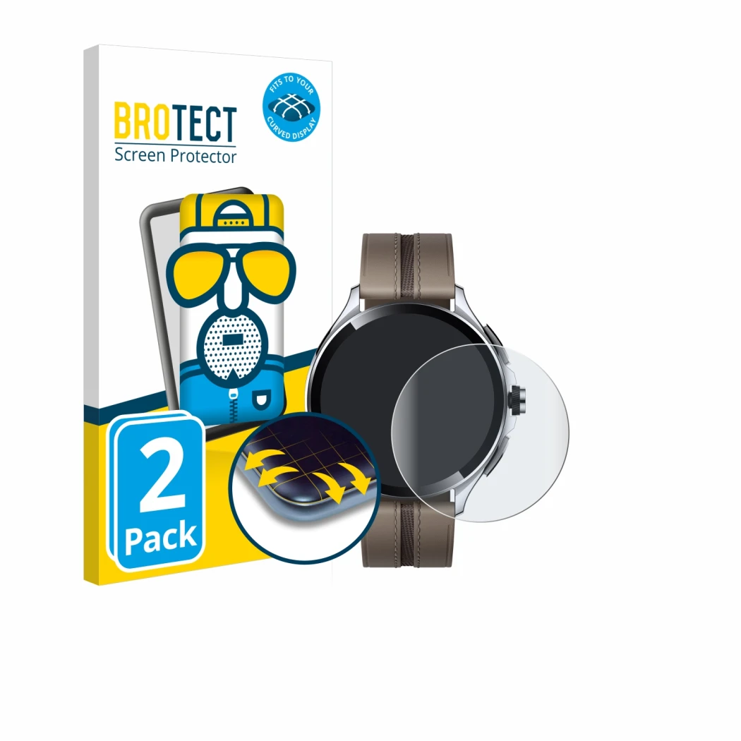Front side of a product packaging with the brand logo BROTECT. Next to it is the device Xiaomi Watch 2 Pro shown with the corr
