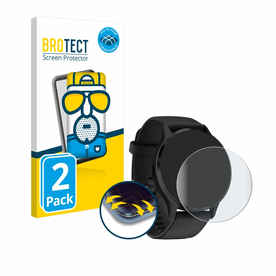 Front side of a product packaging with the brand logo BROTECT. Next to it is the device Garmin Venu 3 shown with the correspon