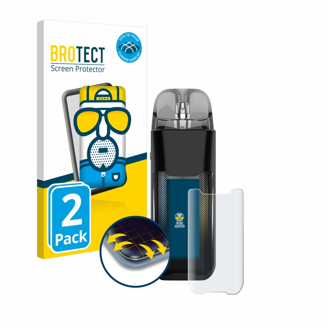 Front side of a product packaging with the brand logo BROTECT. Next to it is the device Vaporesso Luxe XR shown with the corre