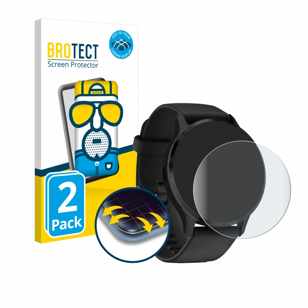 Front side of a product packaging with the brand logo BROTECT. Next to it is the device Garmin Venu 3S shown with the correspo