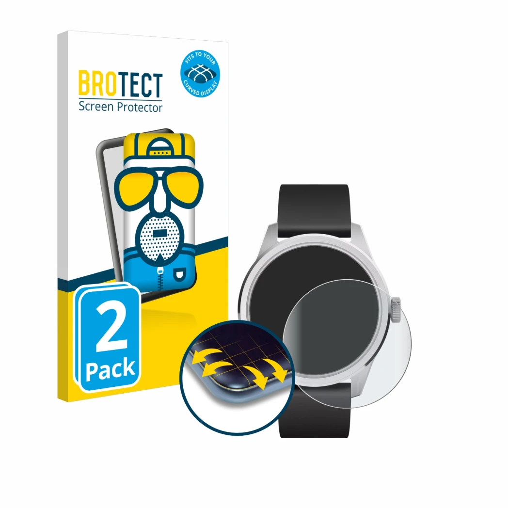 Front side of a product packaging with the brand logo BROTECT. Next to it is the device Withings ScanWatch 2 (42 mm) shown wit