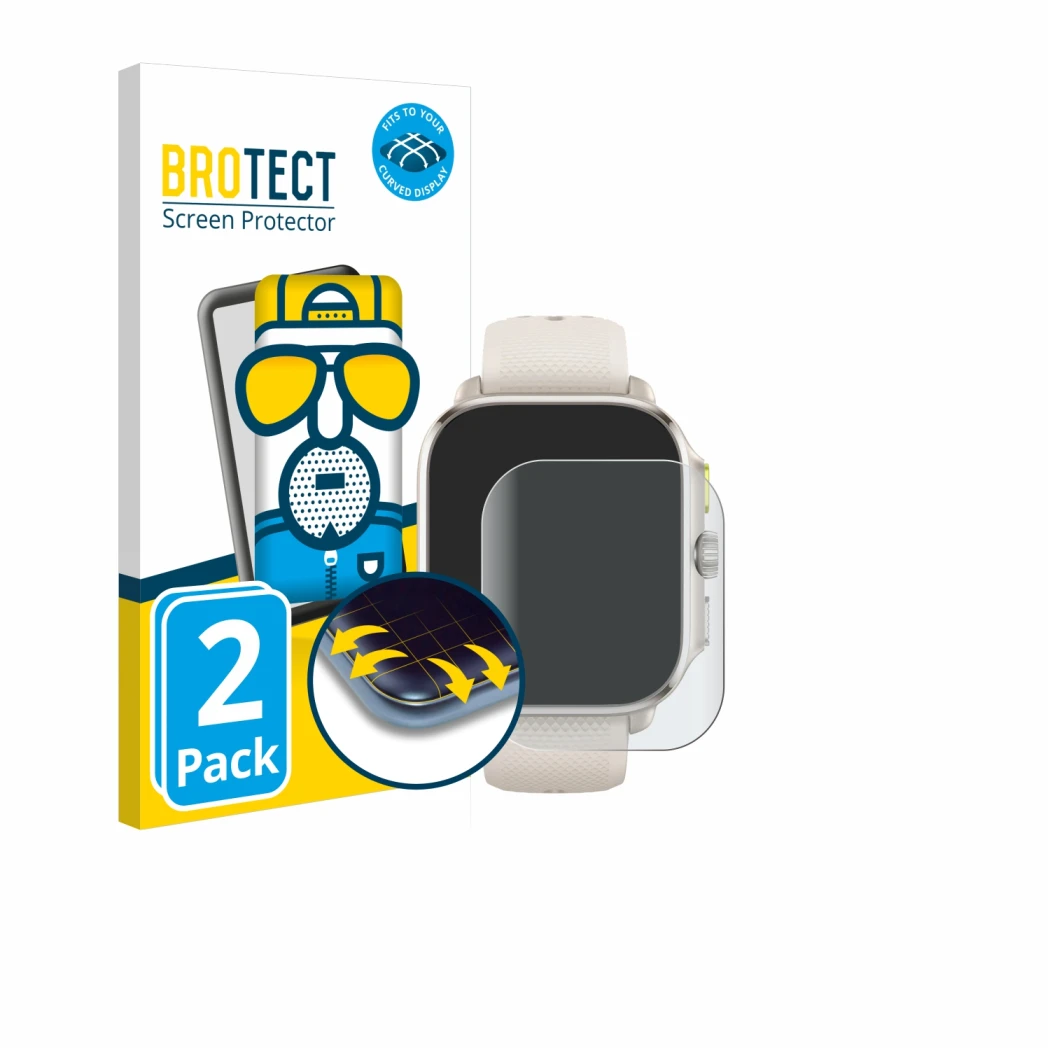 Front side of a product packaging with the brand logo BROTECT. Next to it is the device Huami Amazfit Cheetah (Square) shown w