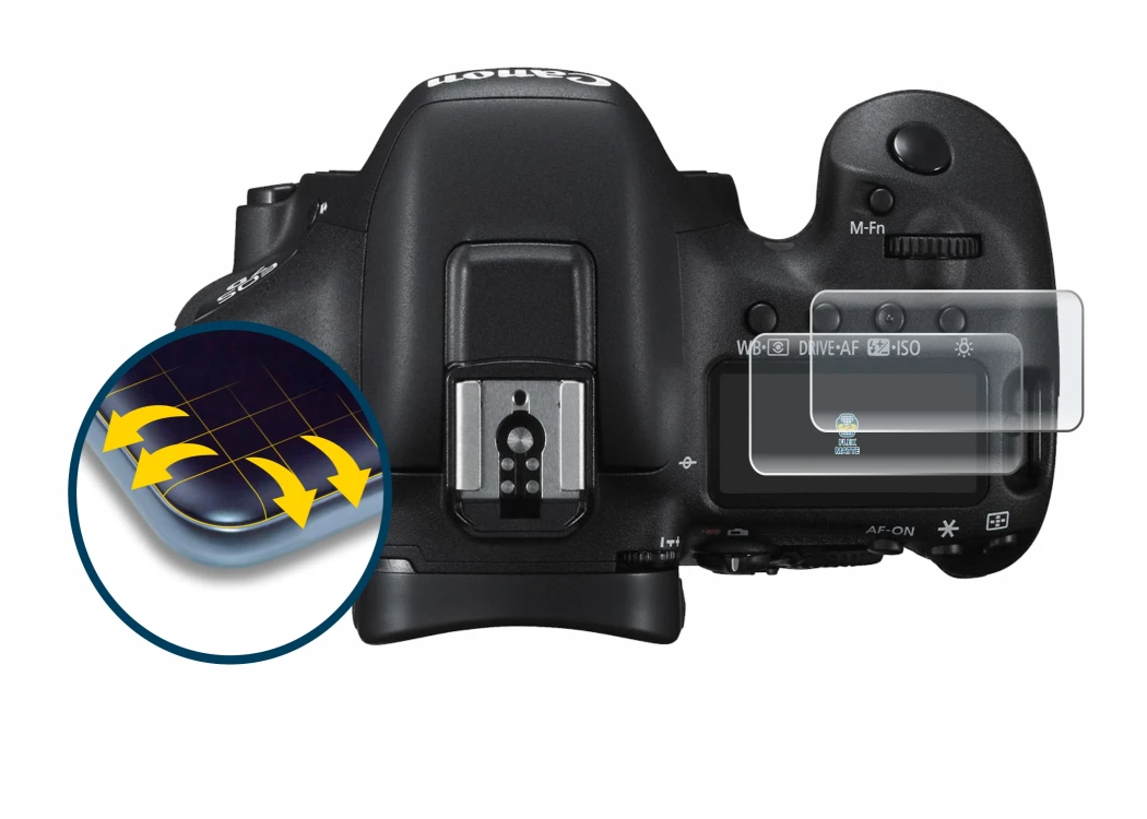 Image of the device Canon EOS 7D Mark II (top plate display) with a wide variety of screen protectors.