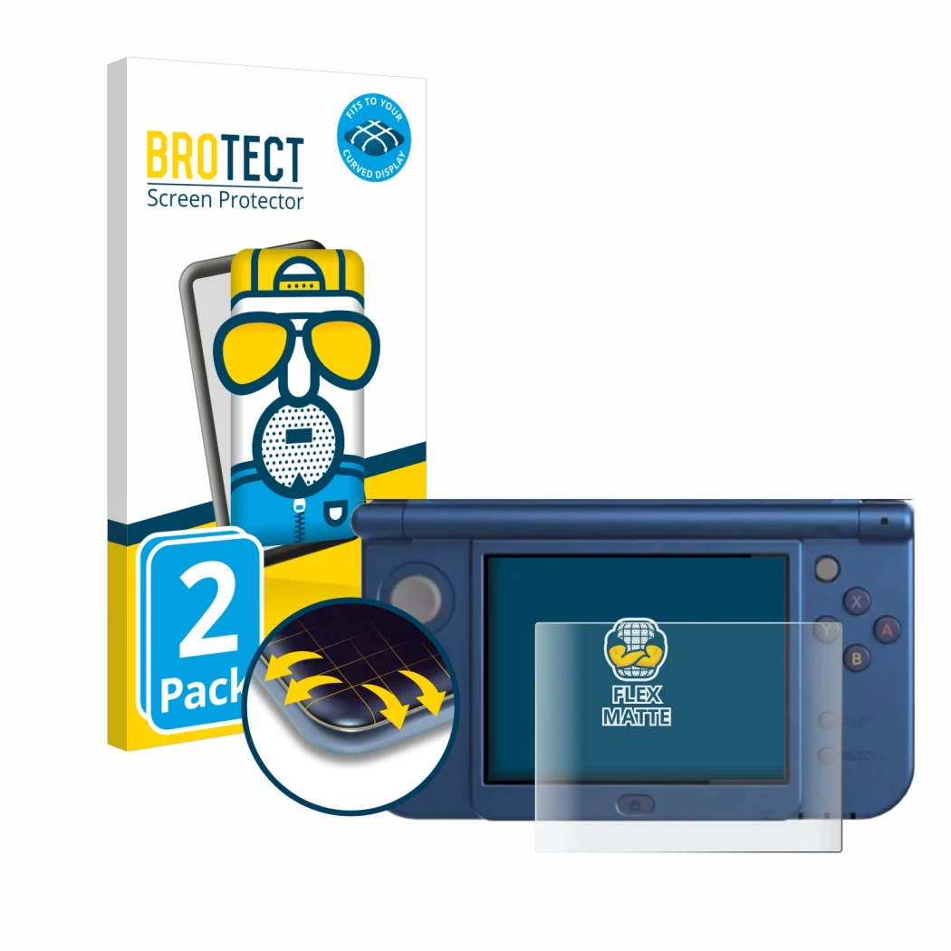 Front side of a product packaging with the brand logo BROTECT. Next to it is the device Nintendo New 3DS XL (Lower display) sh