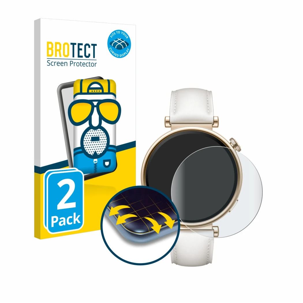 Front side of a product packaging with the brand logo BROTECT. Next to it is the device Huawei Watch GT 4 (41mm) shown with th