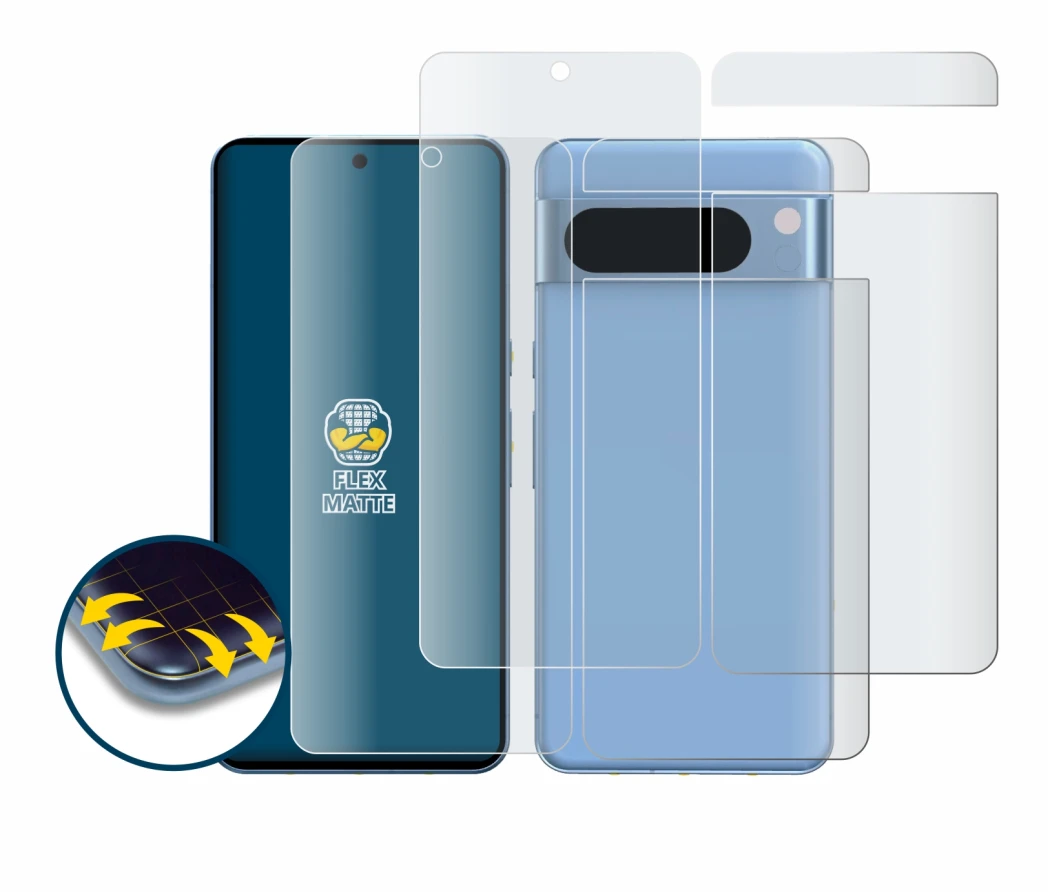 Image of the device Google Pixel 8 Pro (Front+Back) with a wide variety of screen protectors.