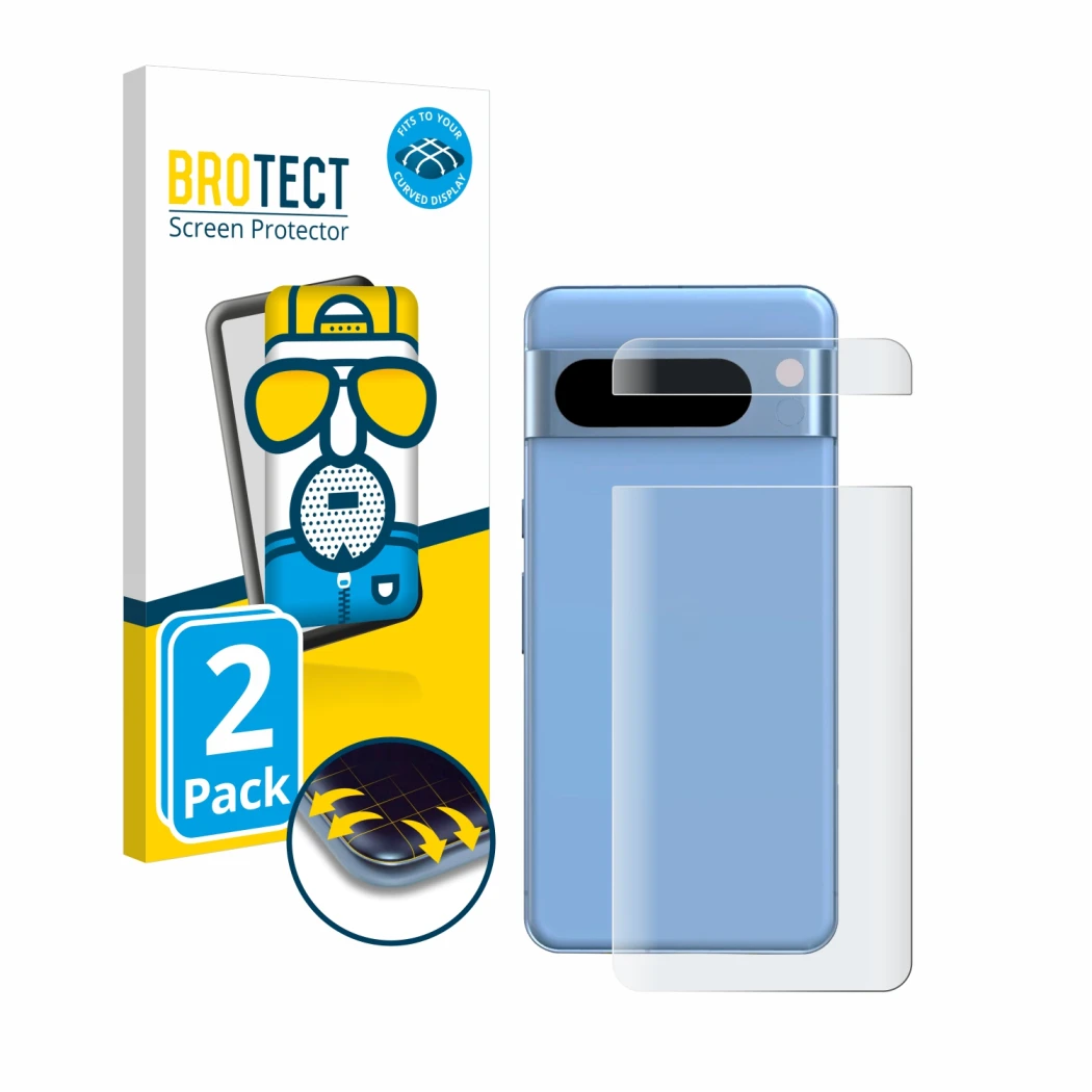 Front side of a product packaging with the brand logo BROTECT. Next to it is the device Google Pixel 8 Pro (Back) shown with t