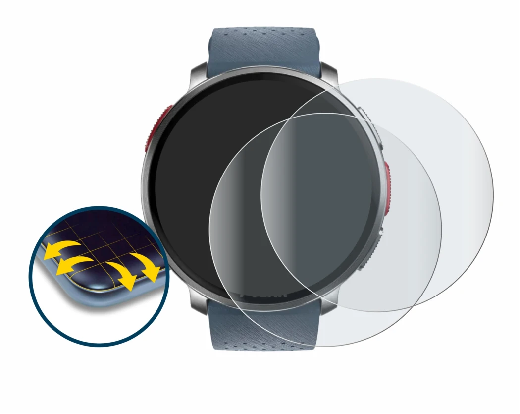 Image of the device Polar Vantage V3 with a wide variety of screen protectors.