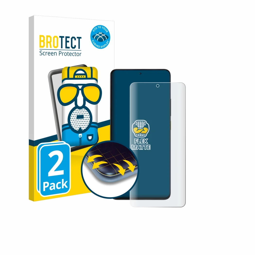 Front side of a product packaging with the brand logo BROTECT. Next to it is the device Xiaomi Poco X6 Pro shown with the corr