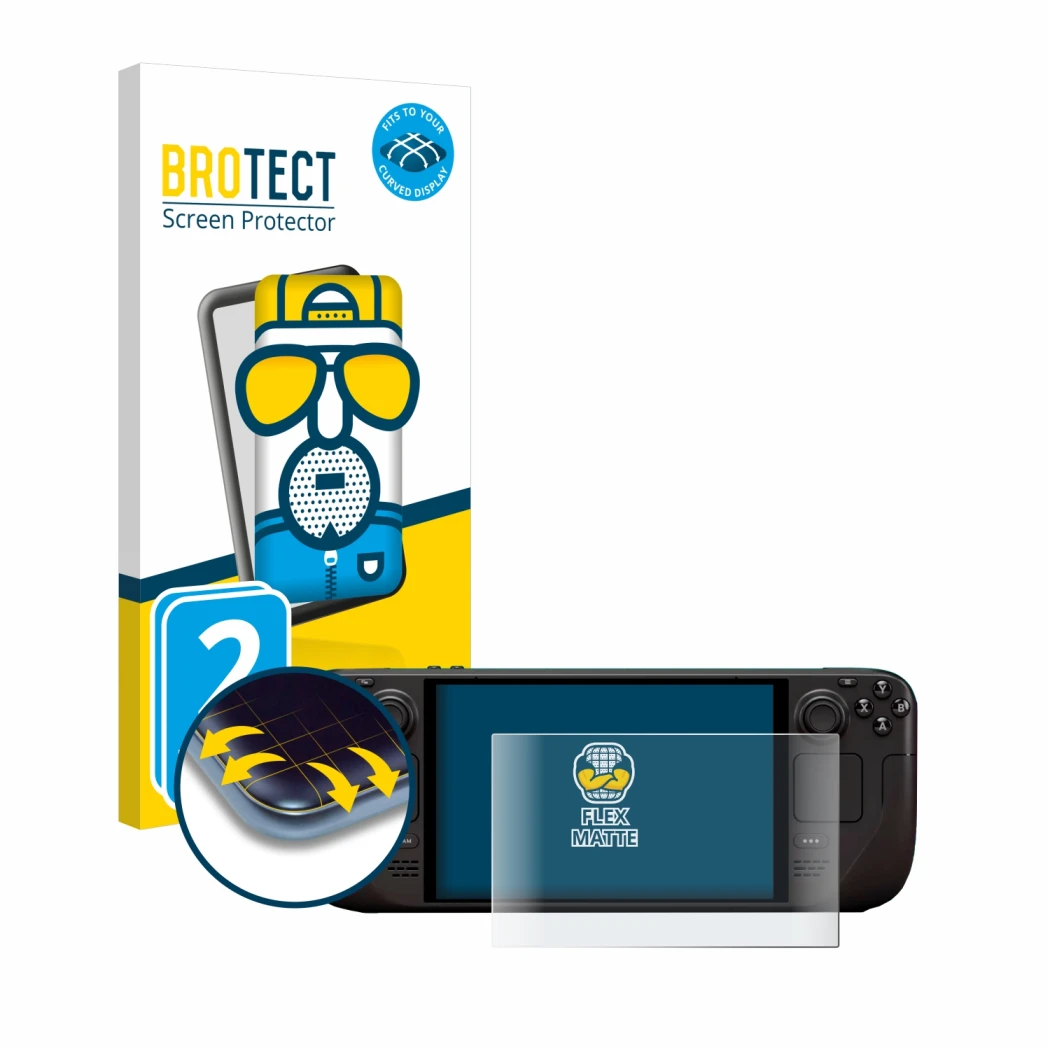 Front side of a product packaging with the brand logo BROTECT. Next to it is the device Valve Steam Deck OLED shown with the c