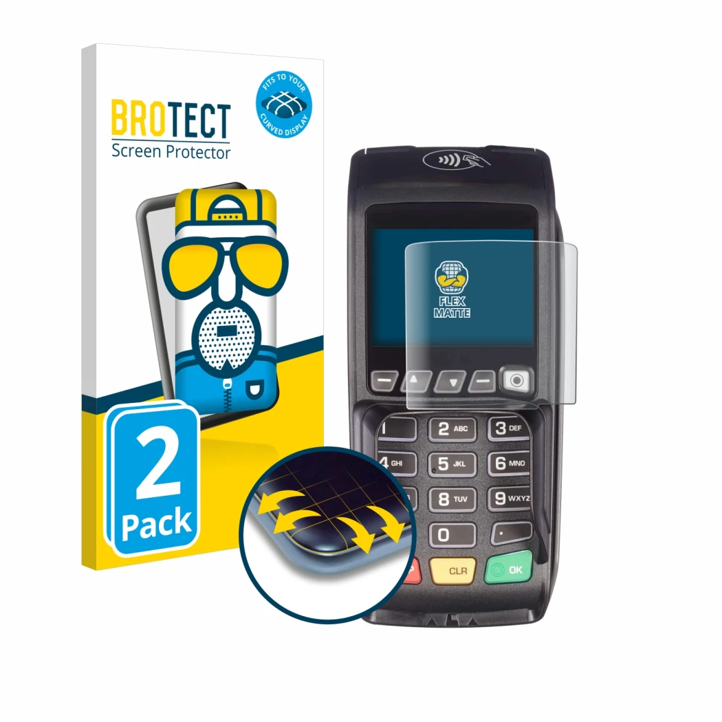 Front side of a product packaging with the brand logo BROTECT. Next to it is the device ingenico Desk/3500 shown with the corr