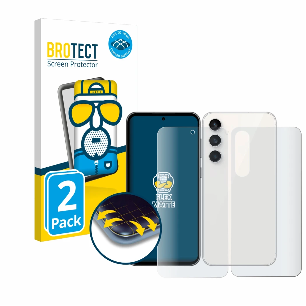 Front side of a product packaging with the brand logo BROTECT. Next to it is the device Samsung Galaxy S23 FE (Front+Back) sho