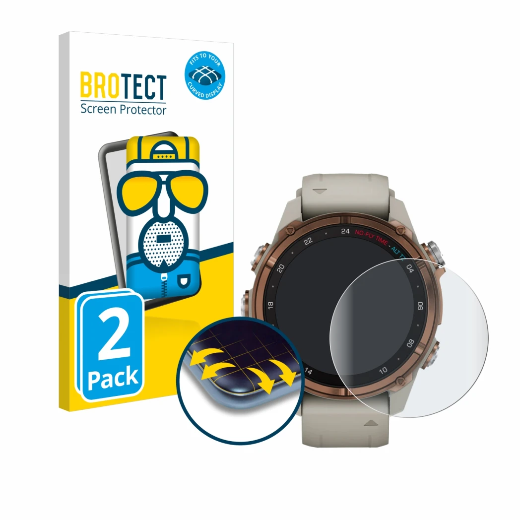 Front side of a product packaging with the brand logo BROTECT. Next to it is the device Garmin Descent Mk3 (43 mm) shown with 