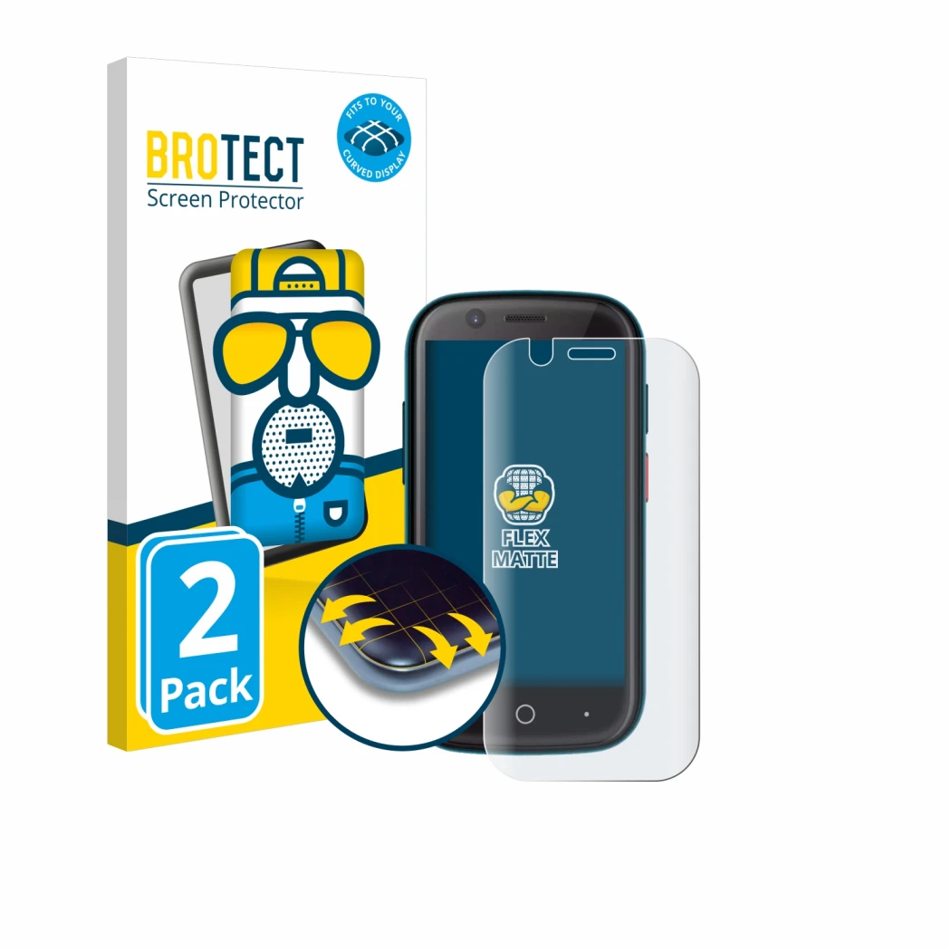 Front side of a product packaging with the brand logo BROTECT. Next to it is the device Unihertz Jelly 2E shown with the corre