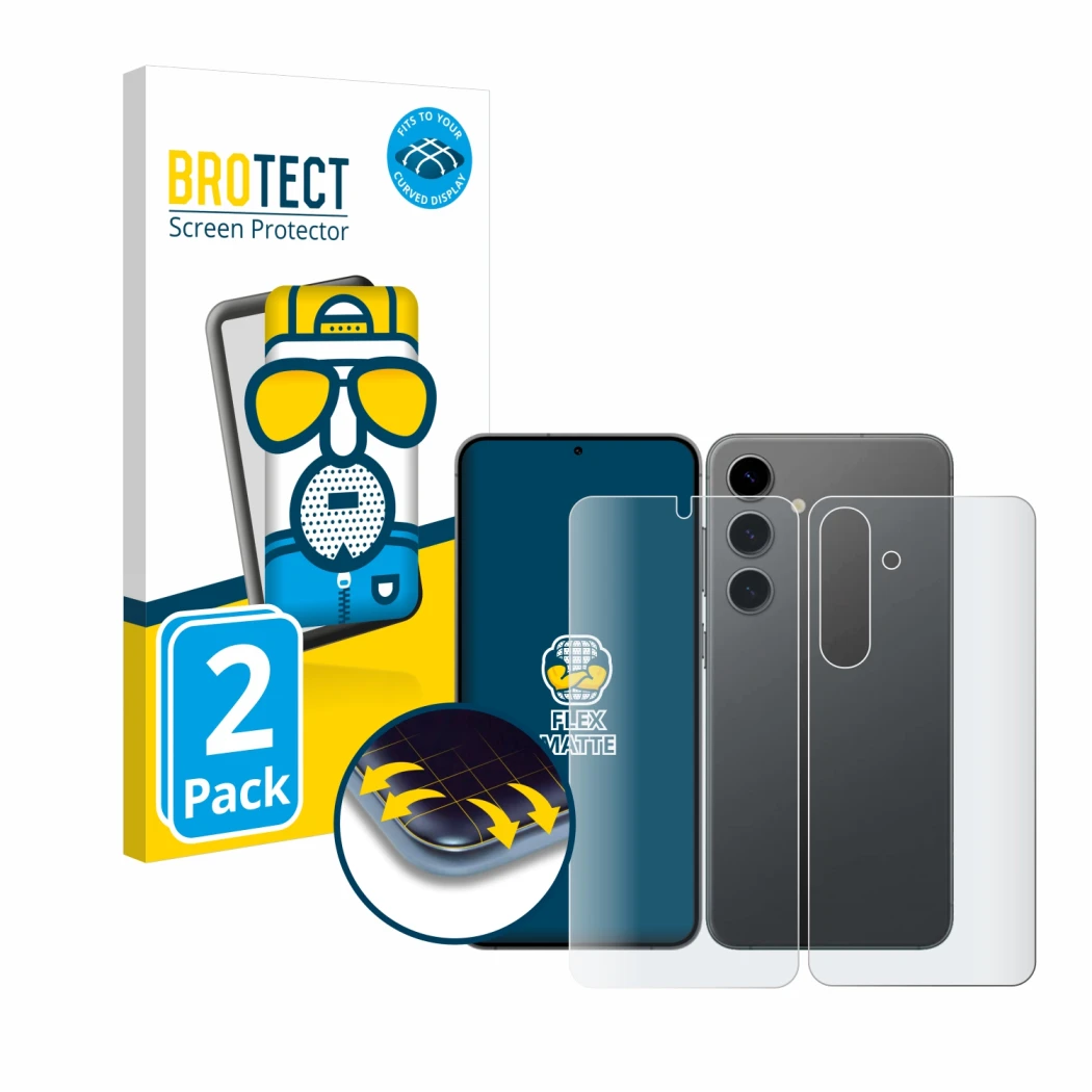 Front side of a product packaging with the brand logo BROTECT. Next to it is the device Samsung Galaxy S24 (Front+Back) shown