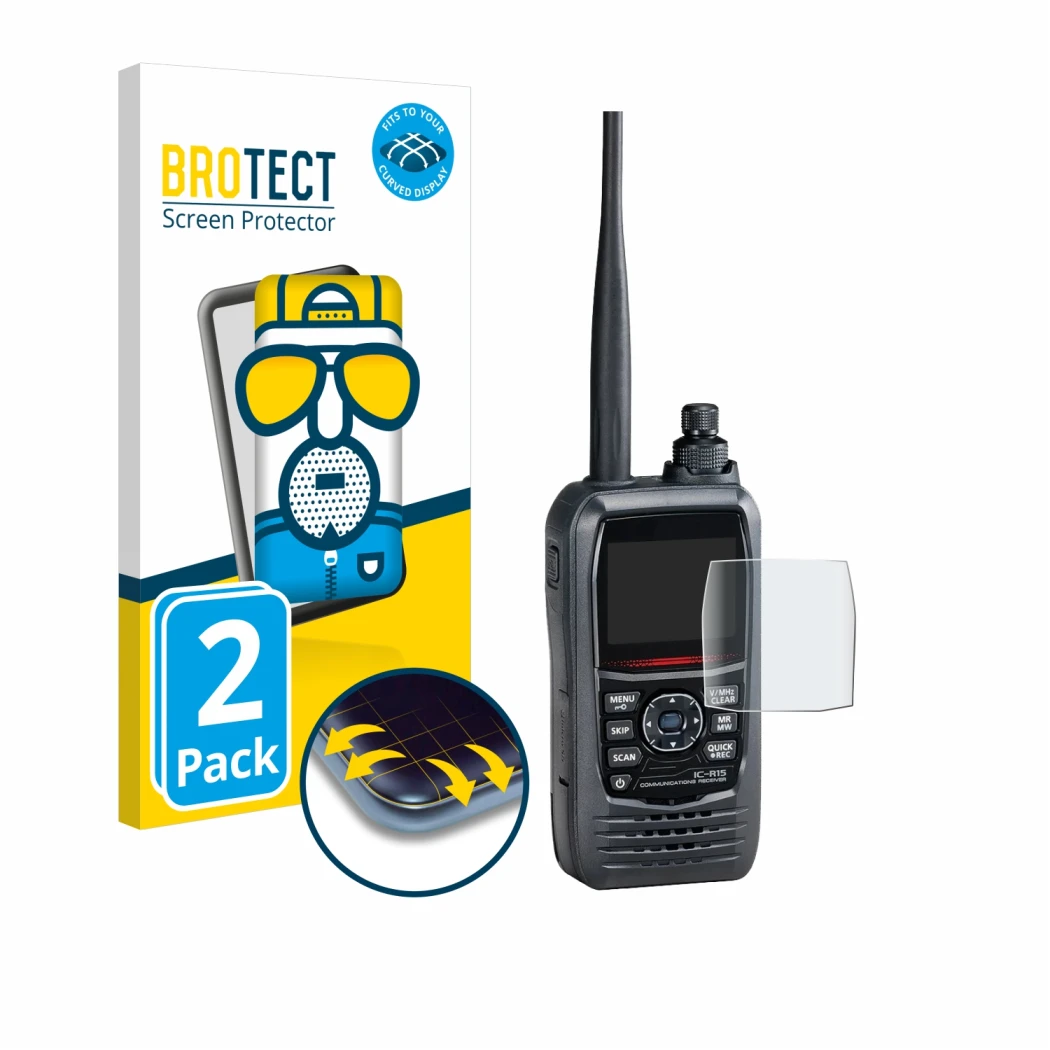 Front side of a product packaging with the brand logo BROTECT. Next to it is the device Icom IC-R15 shown with the correspondi