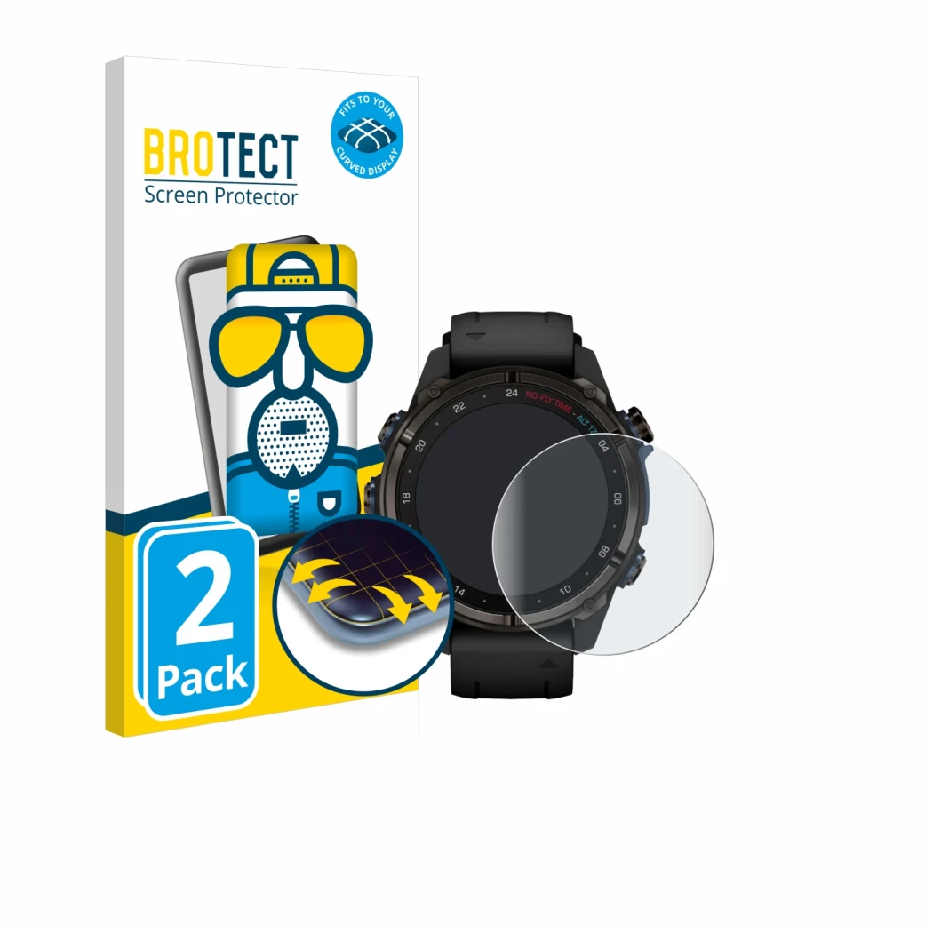 Front side of a product packaging with the brand logo BROTECT. Next to it is the device Garmin Descent Mk3i (43 mm) shown with