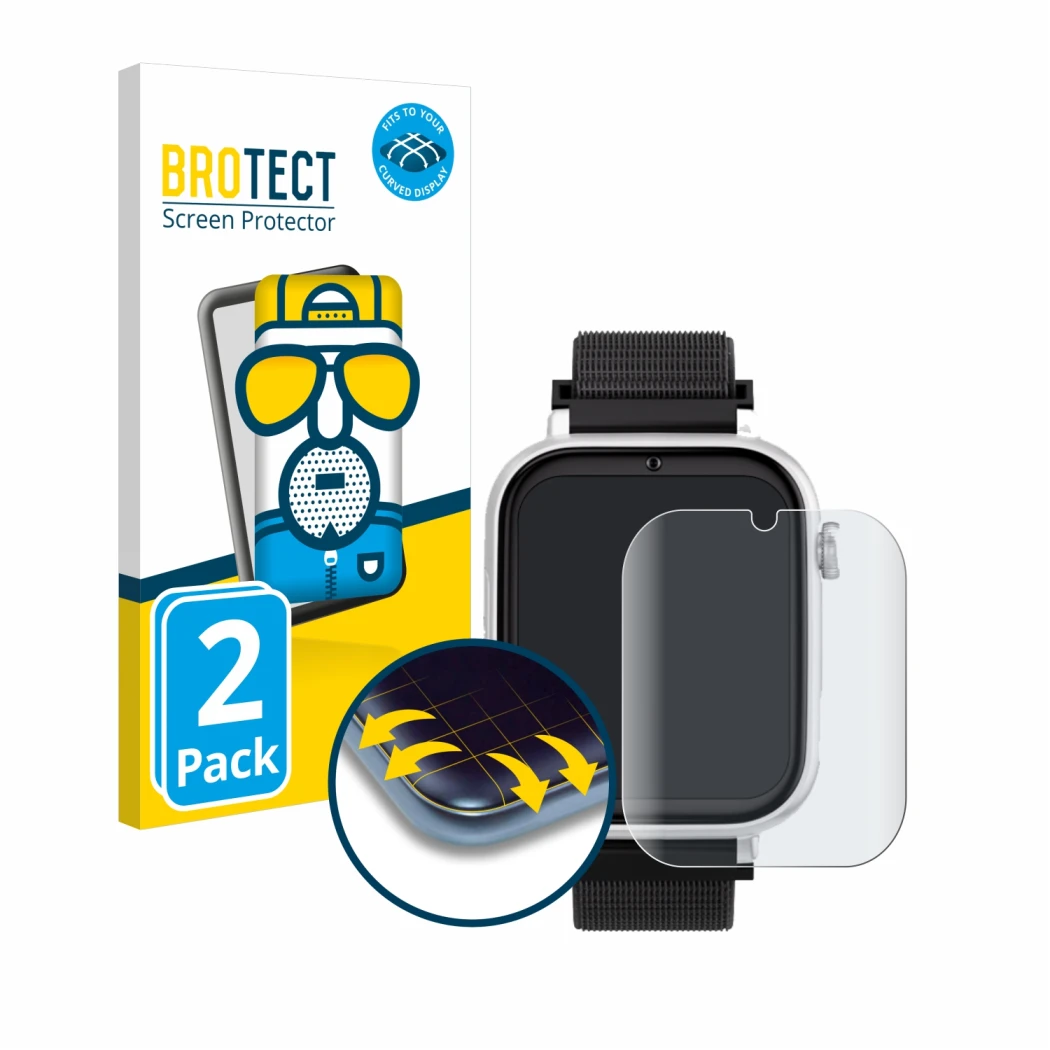 Front side of a product packaging with the brand logo BROTECT. Next to it is the device SaveFamily SaveWatch Plus shown with t