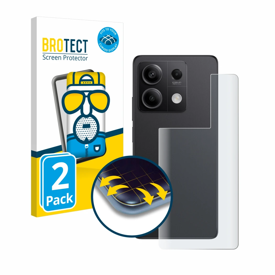 Front side of a product packaging with the brand logo BROTECT. Next to it is the device Xiaomi Redmi Note 13 Pro 5G (Back) sho