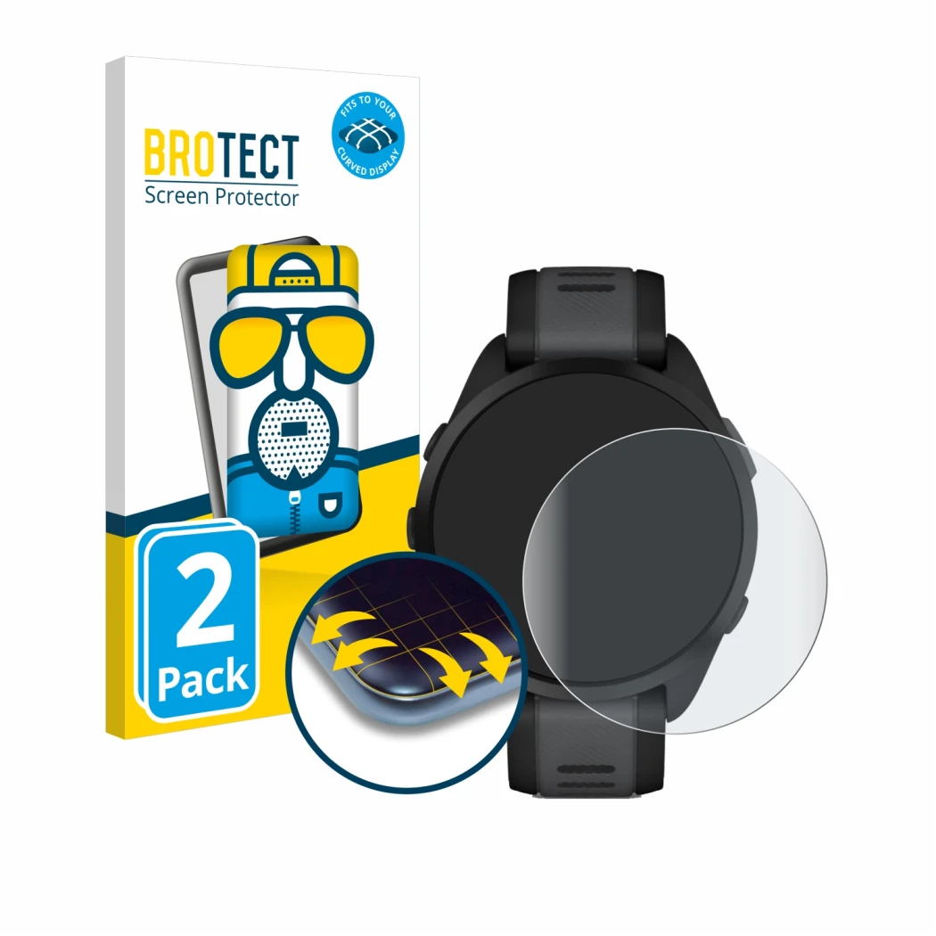 Front side of a product packaging with the brand logo BROTECT. Next to it is the device Garmin Forerunner 165 shown with the c