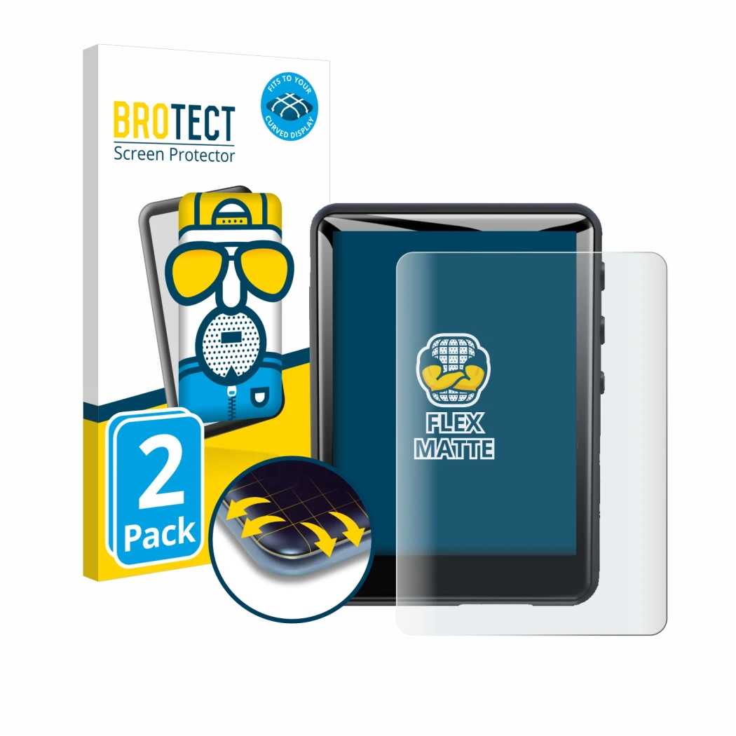 Front side of a product packaging with the brand logo BROTECT. Next to it is the device Zaqe MP3 Player M4 2.4
