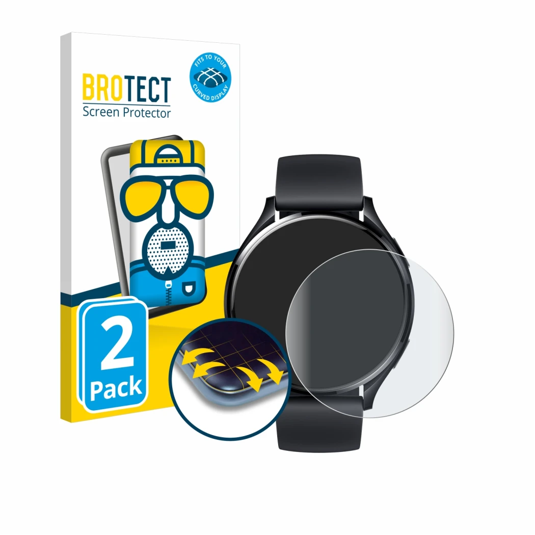 Front side of a product packaging with the brand logo BROTECT. Next to it is the device Xiaomi Watch 2 shown with the correspo