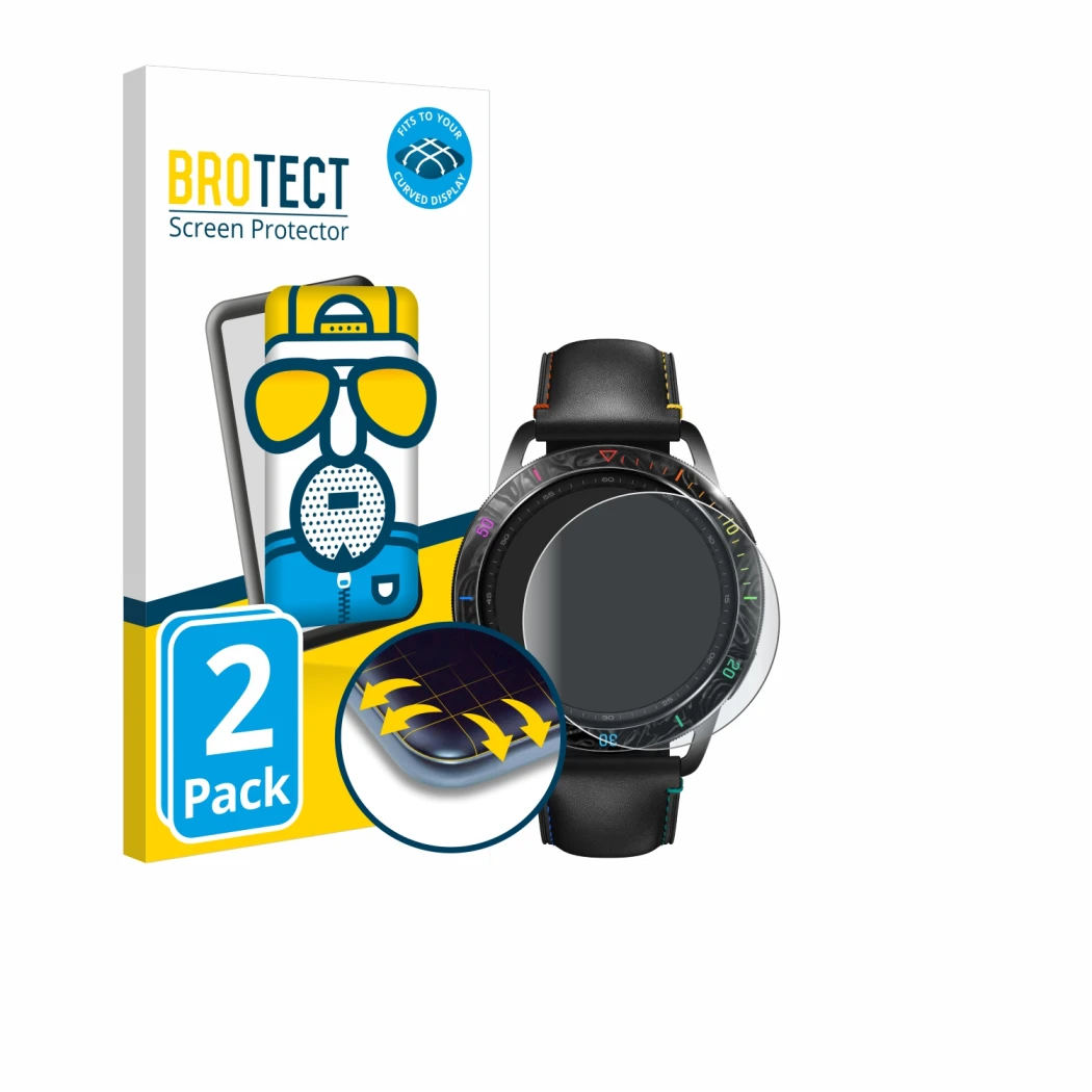 Front side of a product packaging with the brand logo BROTECT. Next to it is the device Xiaomi Watch S3 shown with the corresp