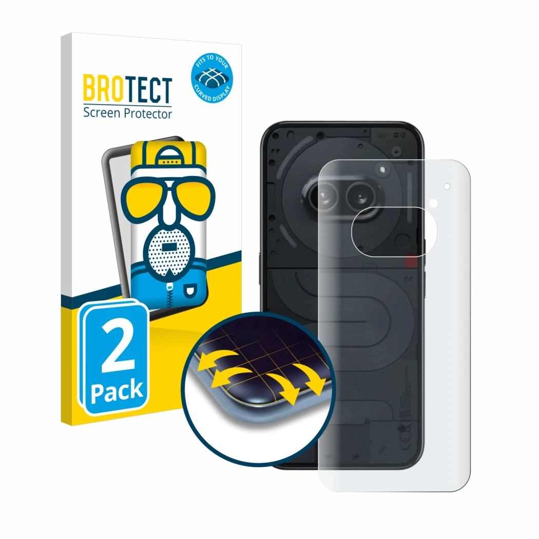 Front side of a product packaging with the brand logo BROTECT. Next to it is the device Nothing Phone (2a) (Back) shown with t