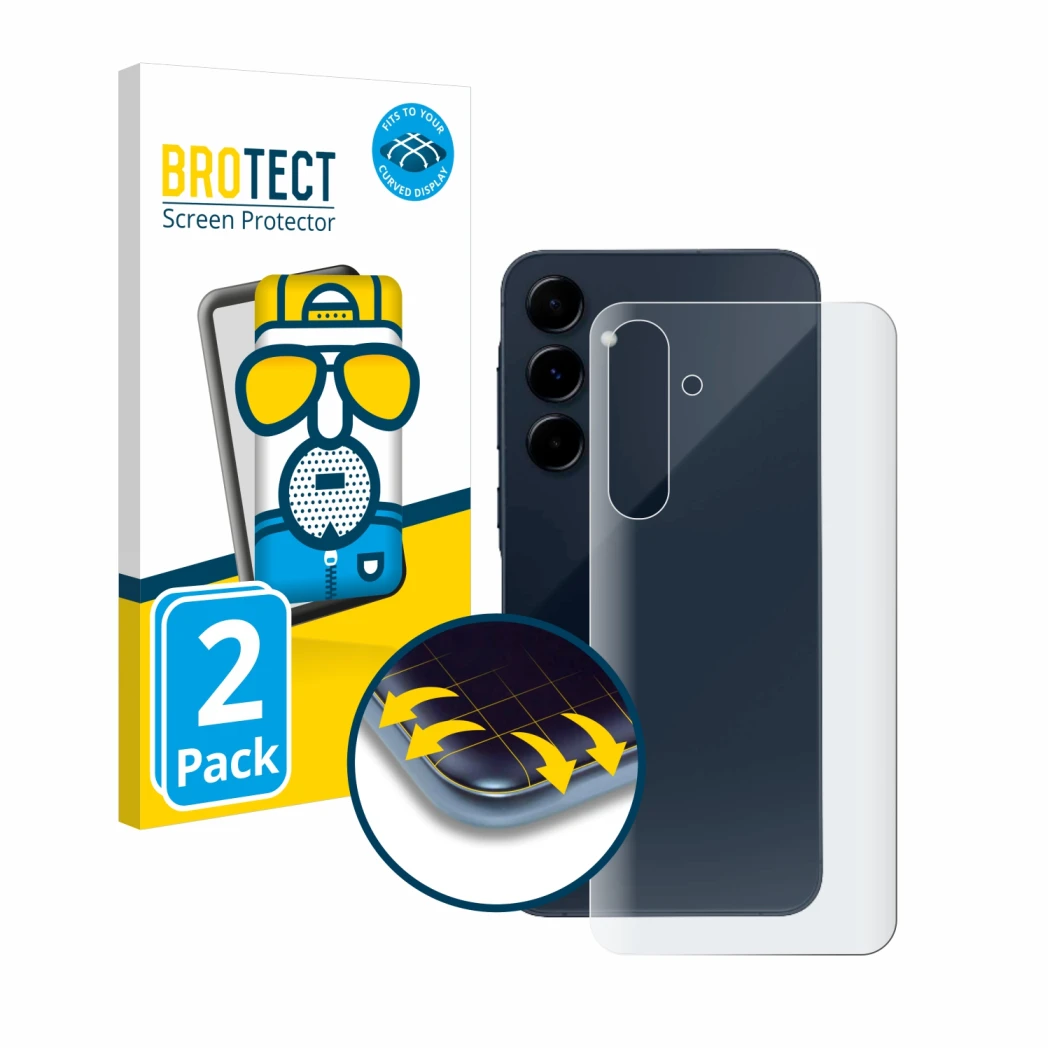 Front side of a product packaging with the brand logo BROTECT. Next to it is the device Samsung Galaxy A35 5G (Back) shown wit