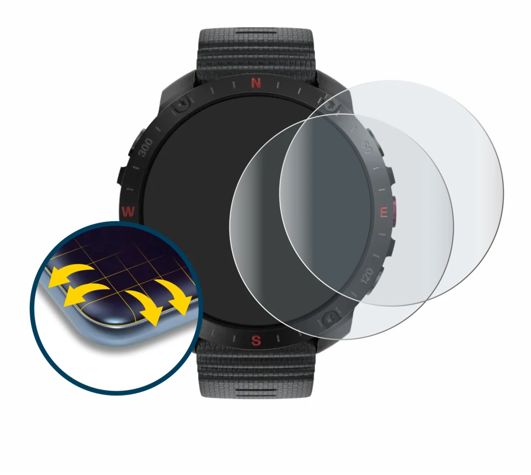 Image of the device Polar Grit X2 Pro with a wide variety of screen protectors.