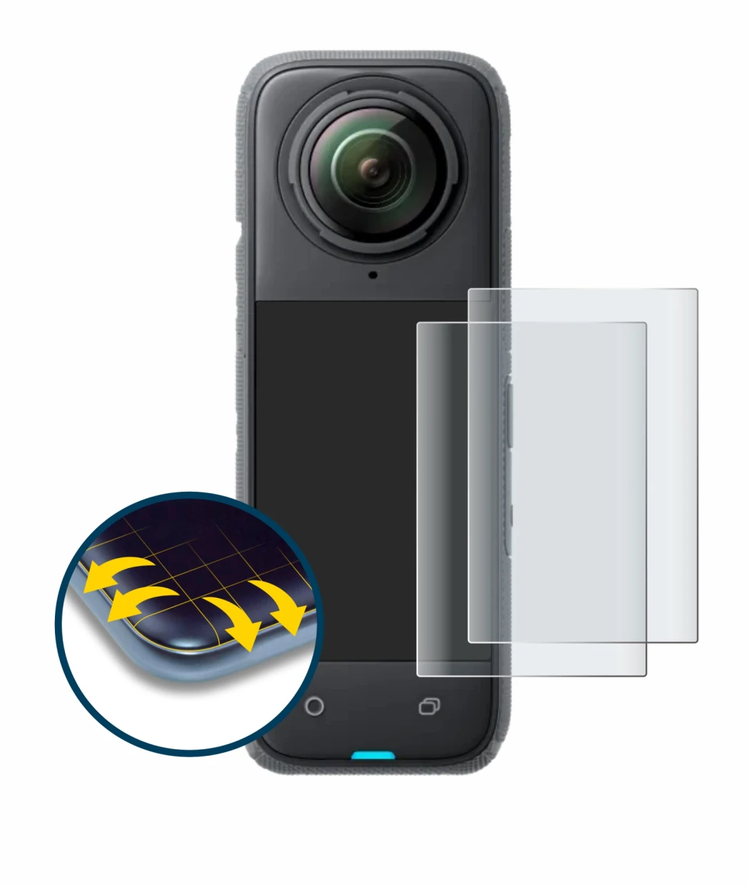 Image of the device Insta360 X4 with a wide variety of screen protectors.