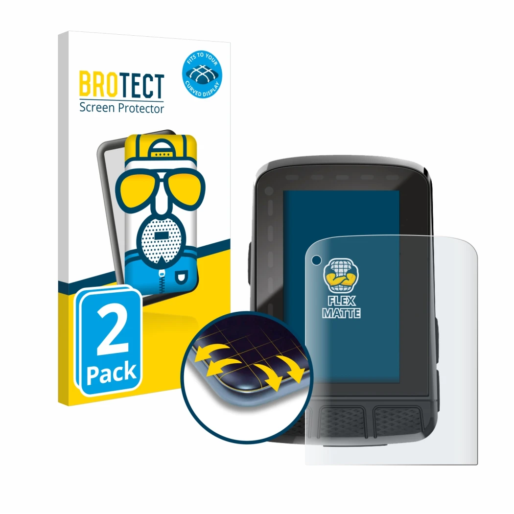 Front side of a product packaging with the brand logo BROTECT. Next to it is the device Wahoo Elemnt Roam V2 GPS shown with th