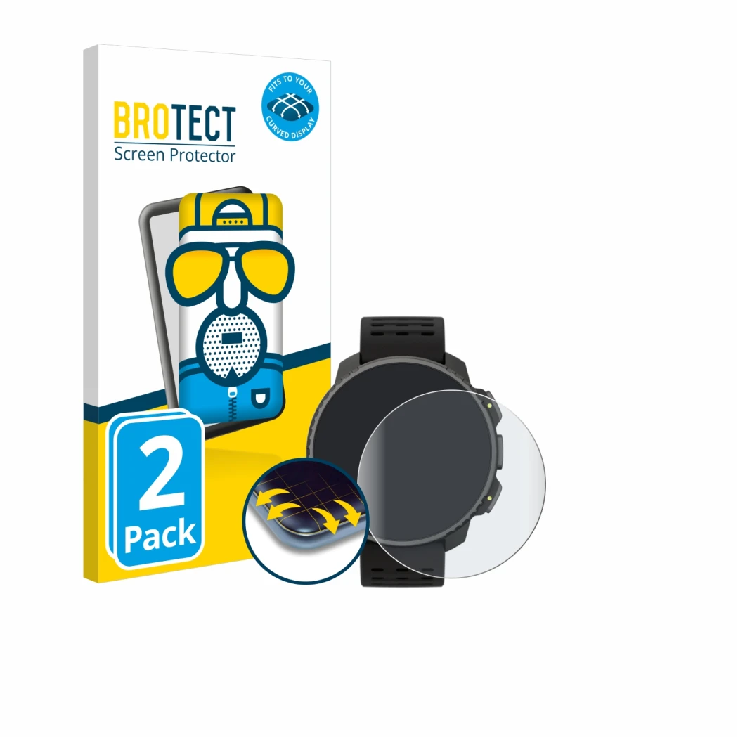 Front side of a product packaging with the brand logo BROTECT. Next to it is the device Suunto Vertical Solar shown with the c