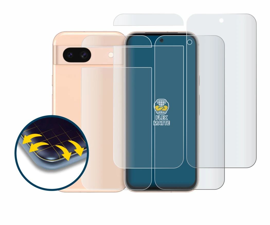 Image of the device Google Pixel 8a (Front+Back) with a wide variety of screen protectors.