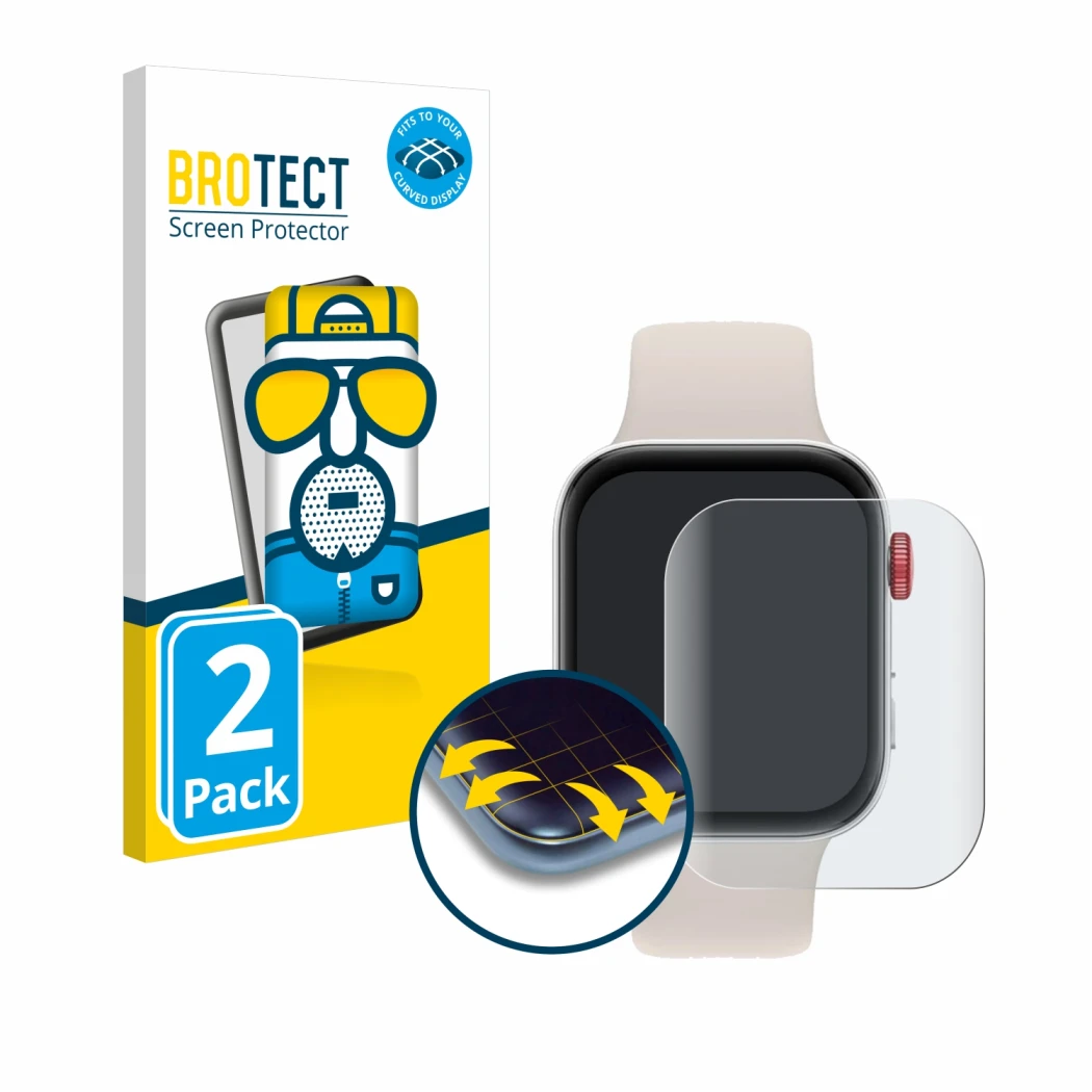 Front side of a product packaging with the brand logo BROTECT. Next to it is the device Huawei Watch Fit 3 shown with the corr