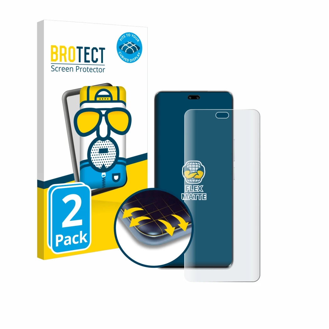 Front side of a product packaging with the brand logo BROTECT. Next to it is the device Honor 200 Pro shown with the correspon