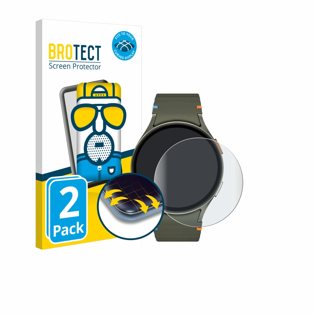 Front side of a product packaging with the brand logo BROTECT. Next to it is the device Samsung Galaxy Watch 7 (44 mm) shown w