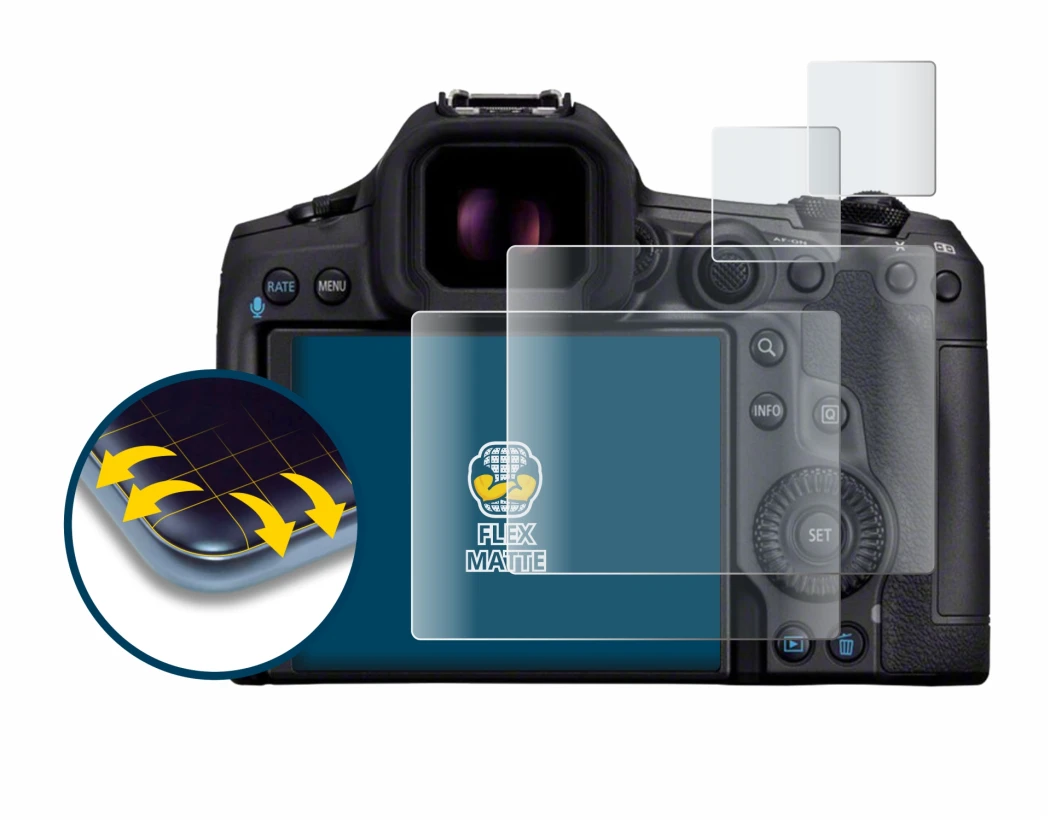 Image of the device Canon EOS R5 Mark II with a wide variety of screen protectors.
