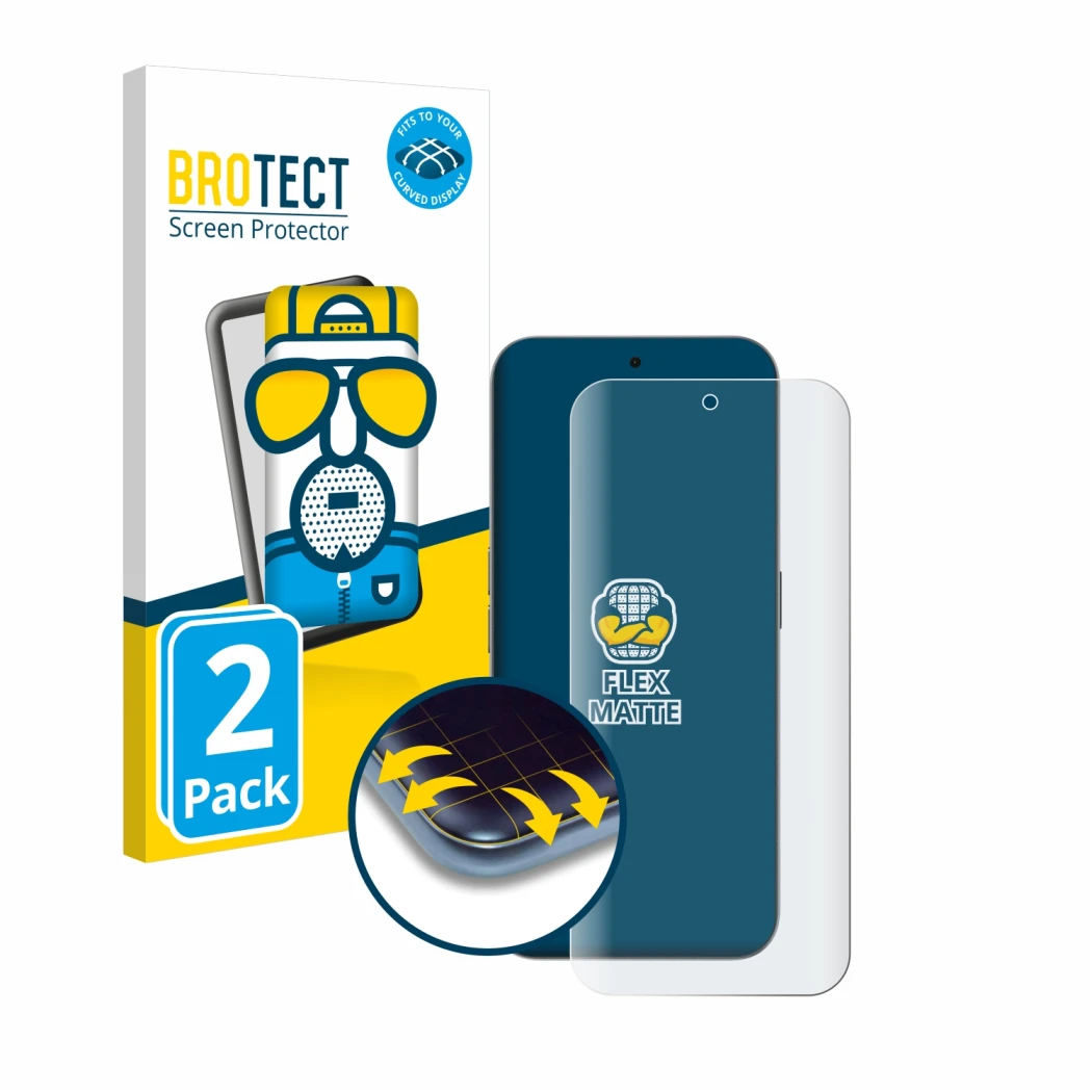 Front side of a product packaging with the brand logo BROTECT. Next to it is the device Nothing Phone (2a) Plus shown with the