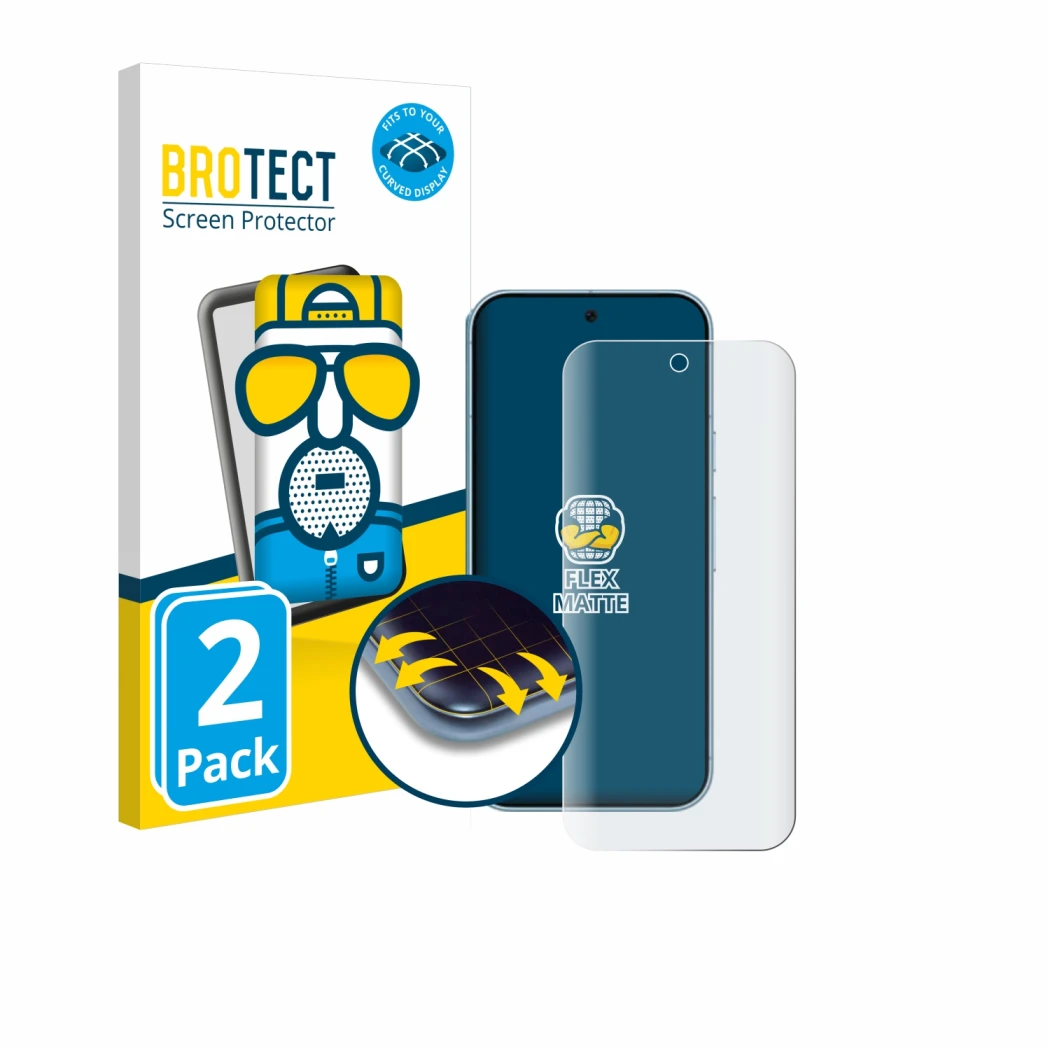 Front side of a product packaging with the brand logo BROTECT. Next to it is the device Google Pixel 9 shown with the correspo