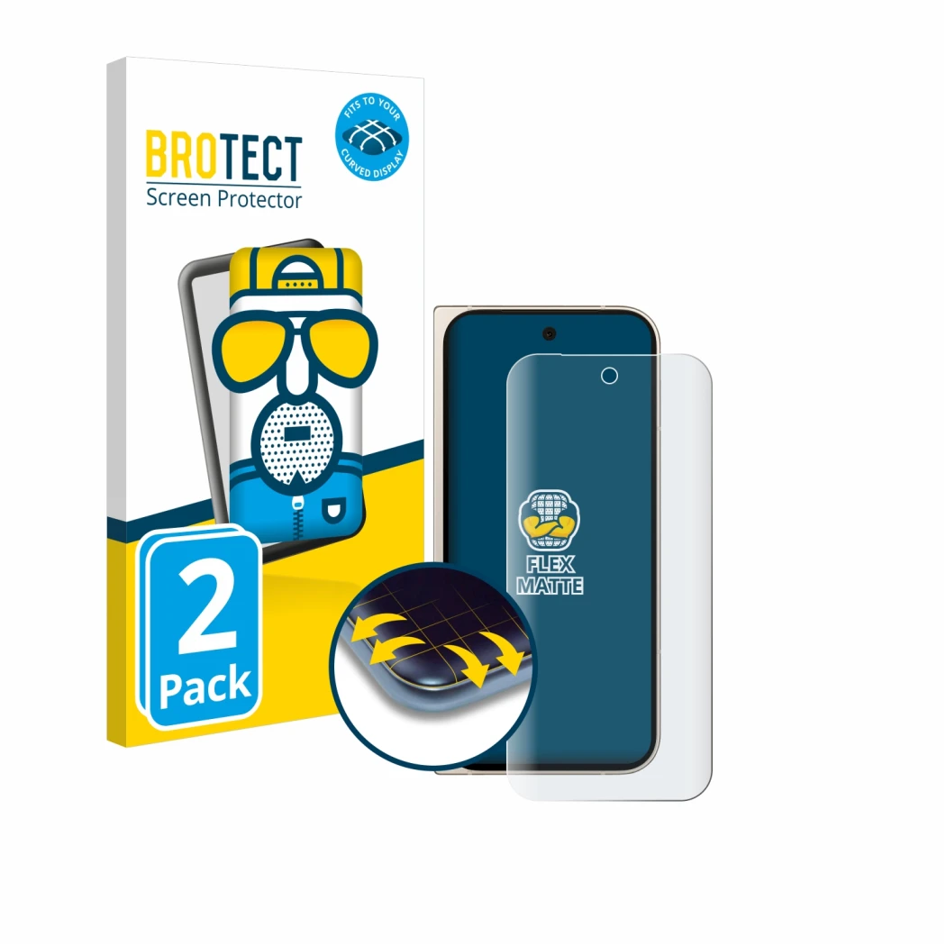 Front side of a product packaging with the brand logo BROTECT. Next to it is the device Google Pixel 9 Pro Fold shown with the