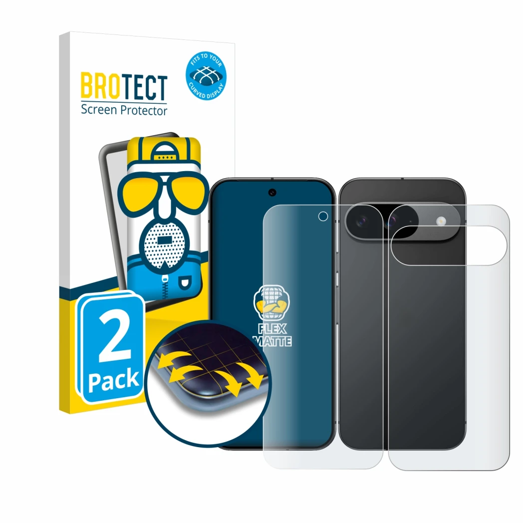 Front side of a product packaging with the brand logo BROTECT. Next to it is the device Google Pixel 9 (Front+Back) shown with