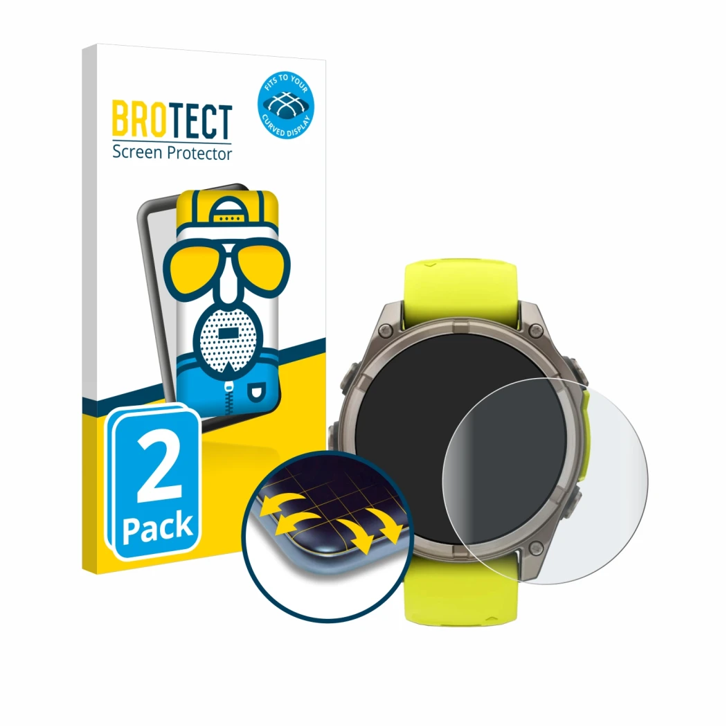 Front side of a product packaging with the brand logo BROTECT. Next to it is the device Garmin Fenix 8 Solar (47 mm) shown wit