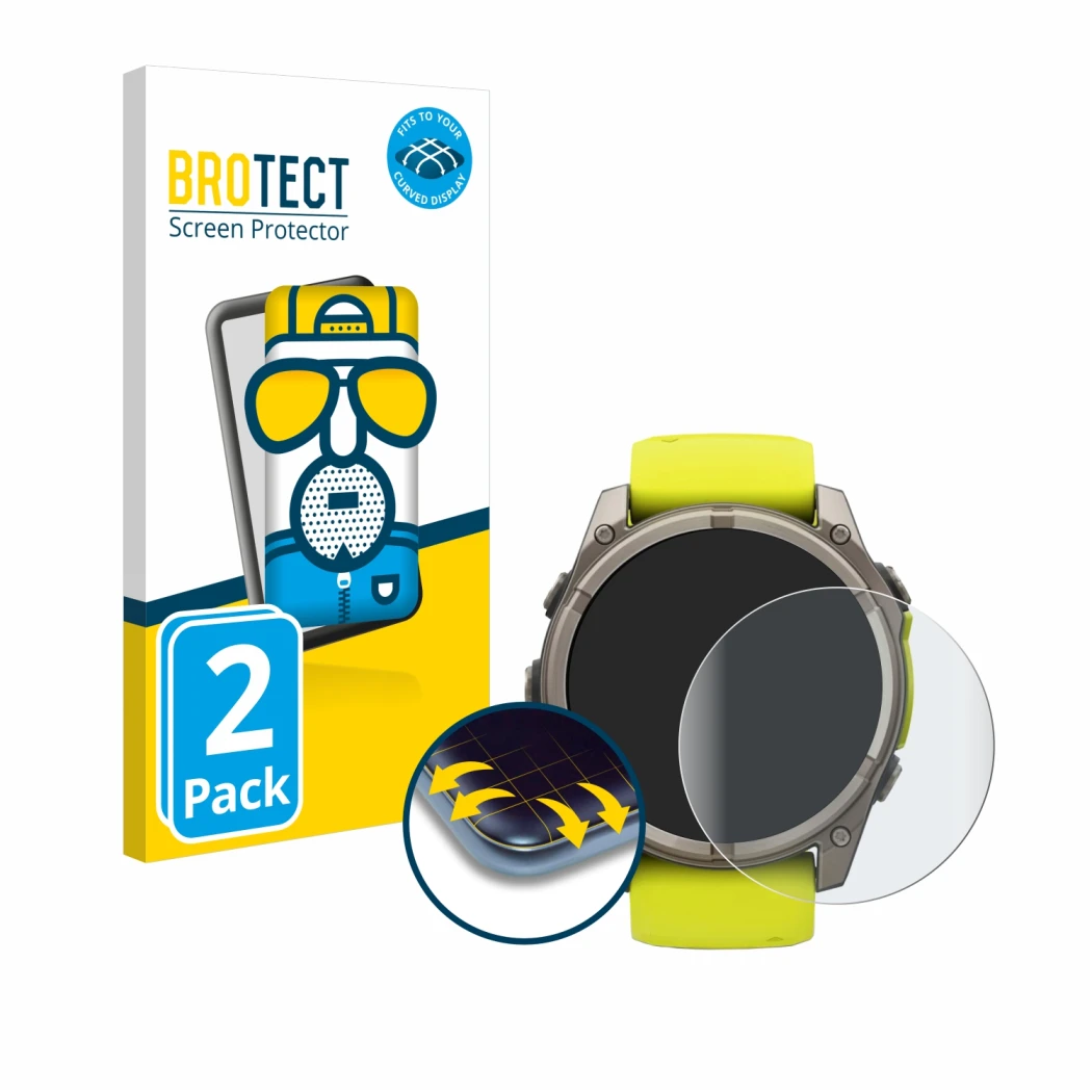 Front side of a product packaging with the brand logo BROTECT. Next to it is the device Garmin Fenix 8 Solar (51 mm) shown wit