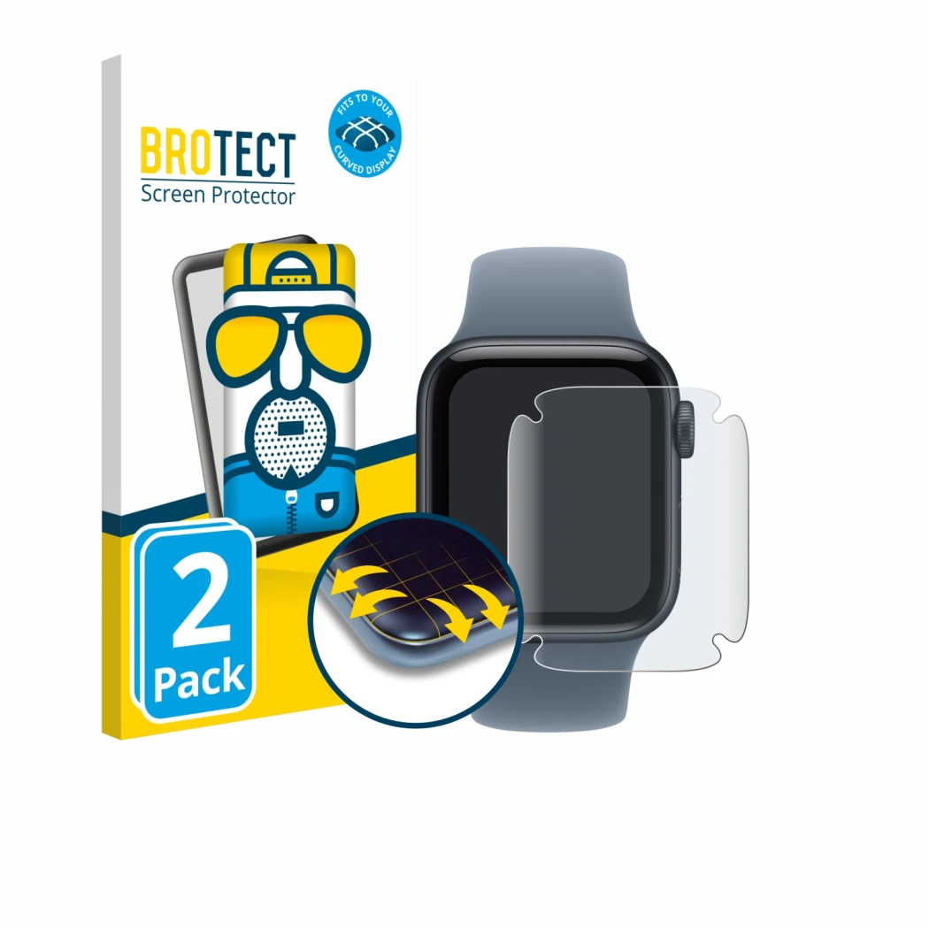Front side of a product packaging with the brand logo BROTECT. Next to it is the device Apple Watch SE 3 (40 mm) shown with th