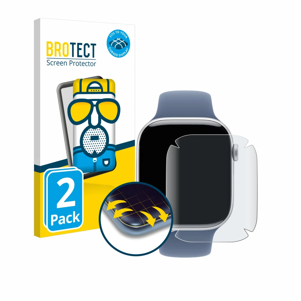 Front side of a product packaging with the brand logo BROTECT. Next to it is the device Apple Watch Series 10 (46 mm) shown wi
