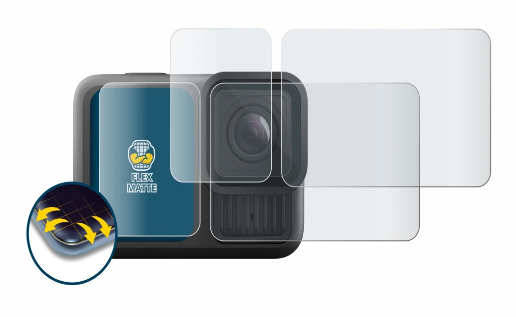 Image of the device GoPro Hero 13 Black with a wide variety of screen protectors.