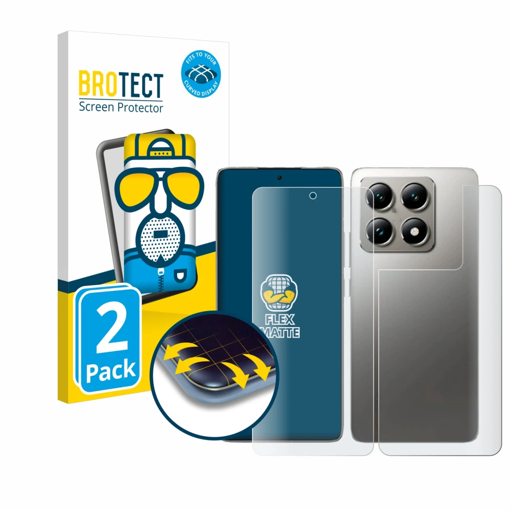 Front side of a product packaging with the brand logo BROTECT. Next to it is the device Xiaomi 14T Pro (Front+Back) shown with