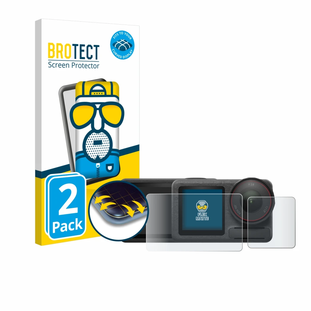 Front side of a product packaging with the brand logo BROTECT. Next to it is the device DJI Osmo Action 5 Pro shown with the c